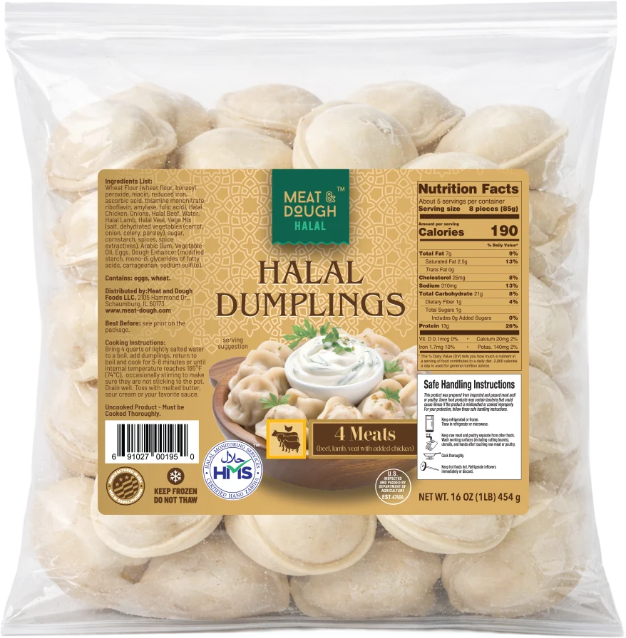 Meat & Dough Halal Four Meats — beef, lamb, veal & chicken Regular pelmeni, 1 lb (454 g)